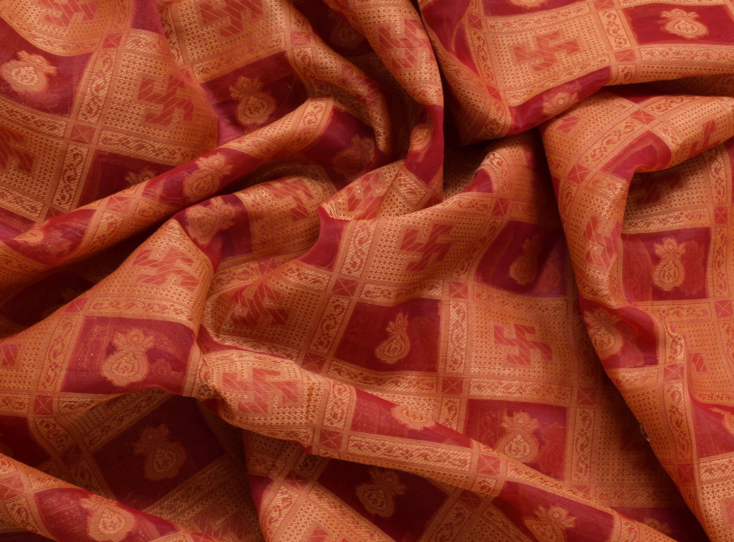 Sushila Vintage Red Saree Art Organza Silk Glass Beads Embellish 5YD Sari Fabric