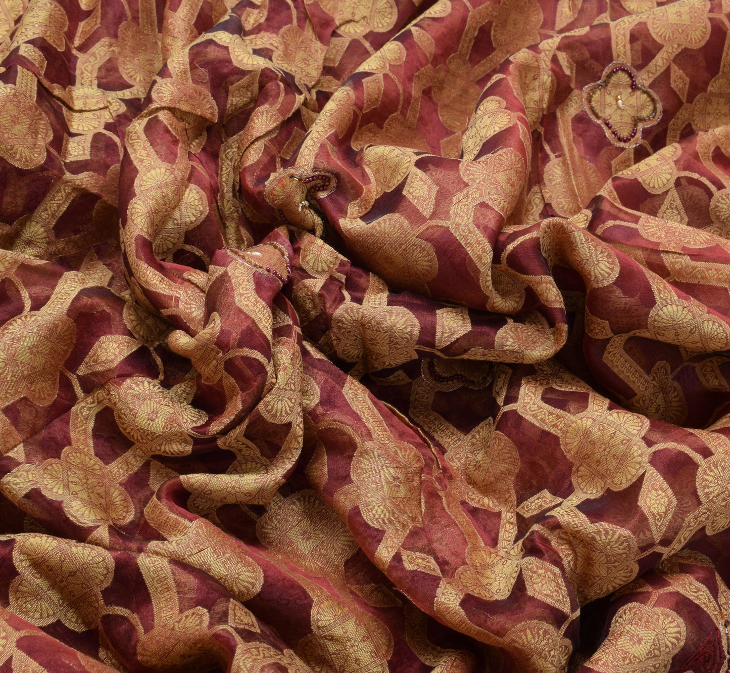 Sushila Vintage Maroon Saree Pure Organza Floral Woven Beads Embellish 5 YD Sari Fabric