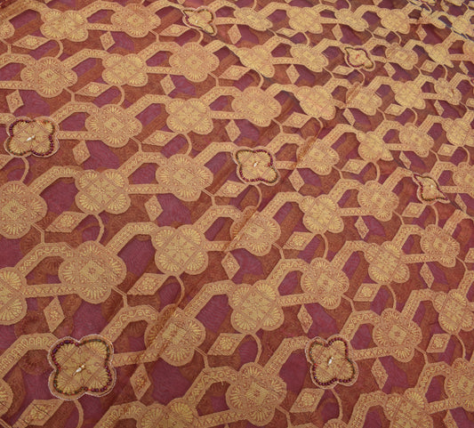Sushila Vintage Maroon Saree Pure Organza Floral Woven Beads Embellish 5 YD Sari Fabric