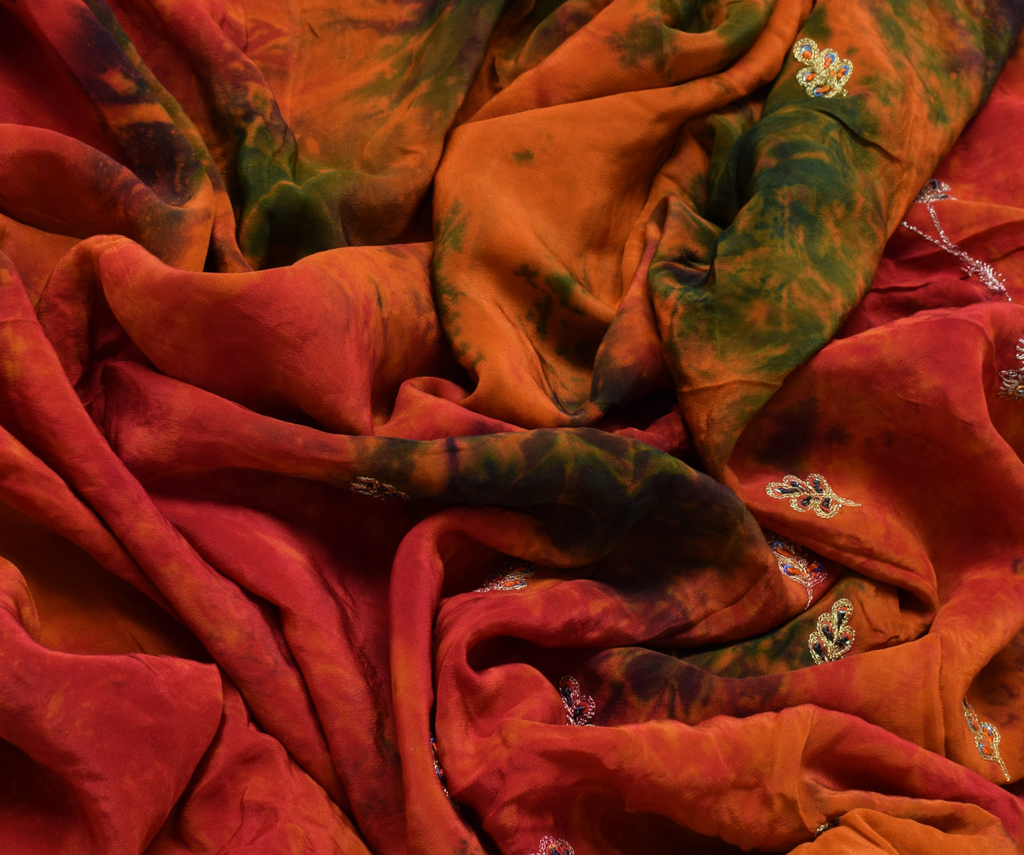 Sushila Vintage Orange Tie-Dye Pure Crepe Silk Hand Embroidery HEAVY Sari Fabric