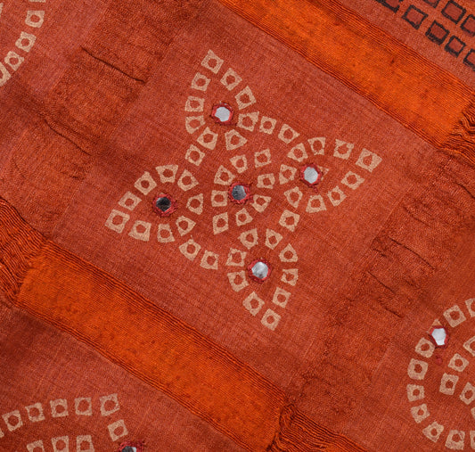 Sushila Vintage Rust Saree Pure Silk Mirror Work Printed Bandhani Sari Fabric