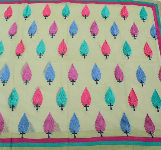 Sushila Vintage Light Green Saree Pure Cotton Kota Doria Embroidered Sari Fabric