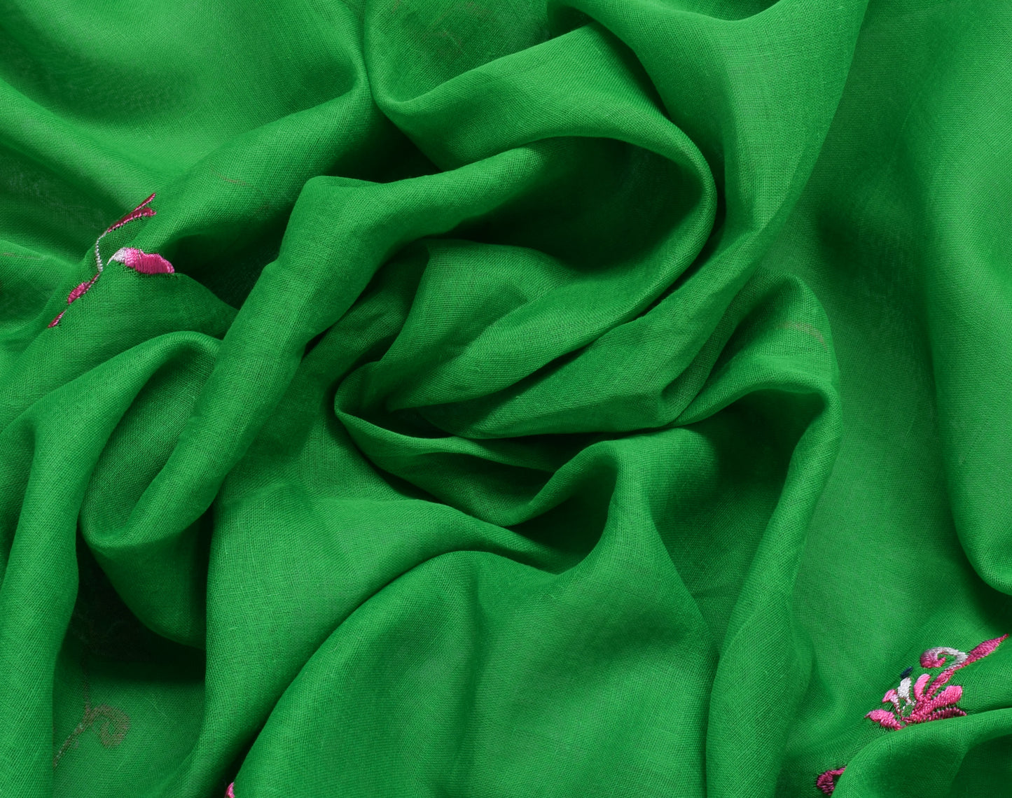 Sushila Vintage Green Saree 100% Pure Cotton Pink Floral Embroidered Sari Fabric