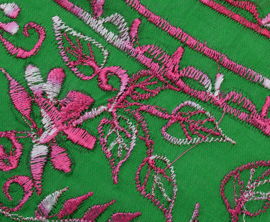 Sushila Vintage Green Saree 100% Pure Cotton Pink Floral Embroidered Sari Fabric