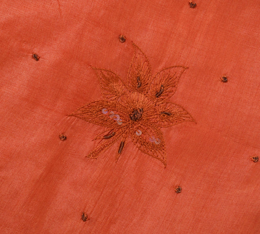 Sushila Vintage Orange Saree Puree Tussar Silk Embroidered Floral Sari Fabric