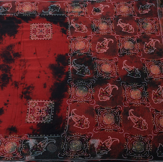 Sushila Vintage Maroon Tie-Dye Saree Pure Satin Hand Beaded HEAVY Sari Fabric