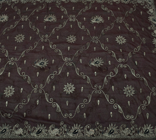 Sushila Vintage Brown Saree Blend Georgette Silk Embroidered Peacock Sari Fabric