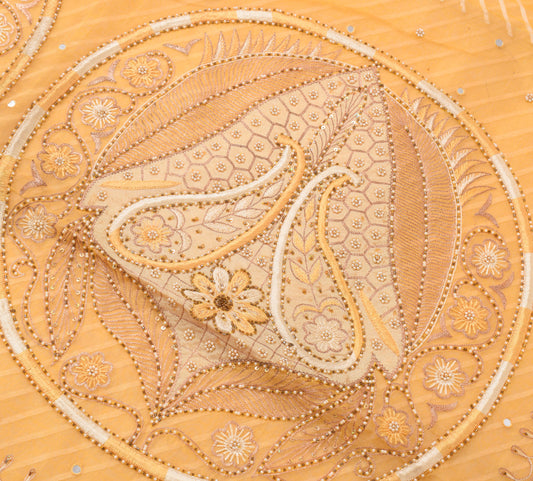 Sushila Vintage Cream Saree Pure Tissue Organza Silk Hand Beaded Sari Fabric