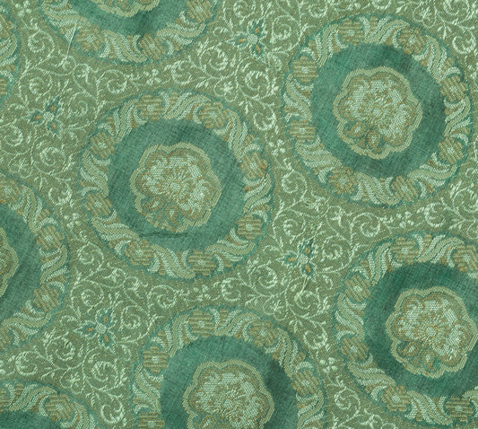Sushila Vintage Green Saree Pure Silk All Over Woven Floral Sari Decor Fabric