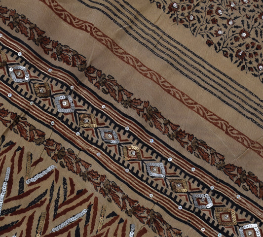 Sushila Vintage Brown Saree Pure Crepe Silk Printed Embroidered Sari Fabric