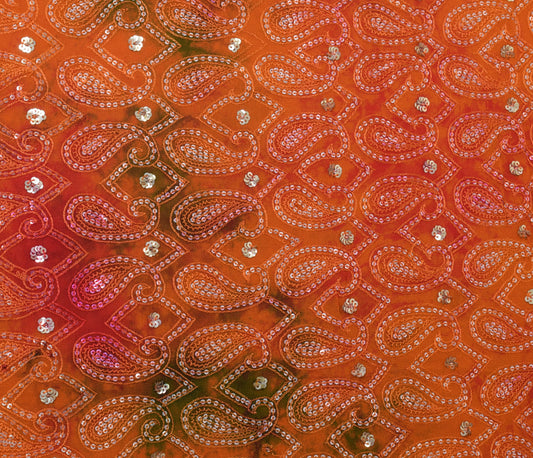 Sushila Vintage Rust HEAVY Sari Pure Georgette Sequin Embellish Tie-dye Sari Craft Fabric