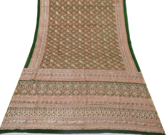 Sushila Vintage Green Sari Pure Silk Printed Embroidered Aari Work Sari Fabric
