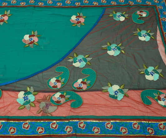 Sushila Vintage HEAVY Green Saree Pure Georgette Net Embroidered 5YD Sari Craft Fabric
