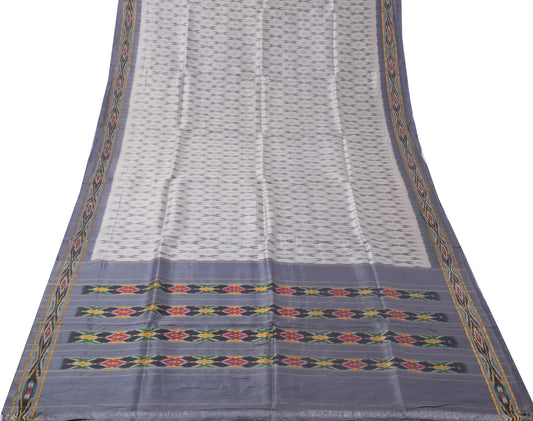 Sushila Vintage Gray Indian Saree 100% Pure Silk Woven Ikkat Patola Sari Fabric