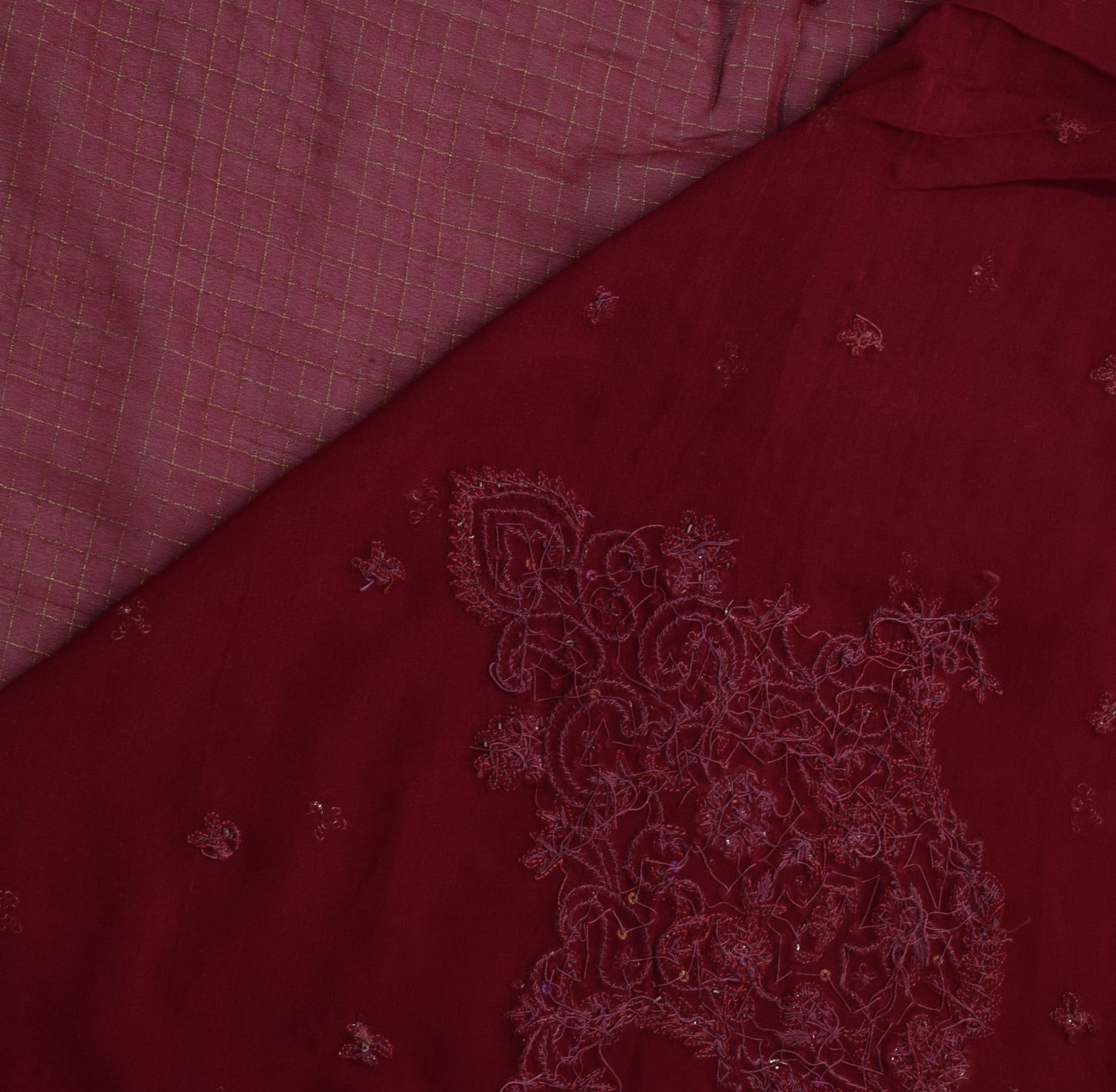 Sushila Vintage Maroon Saree Pure Georgette Silk Hand Beaded Floral Sari Fabric