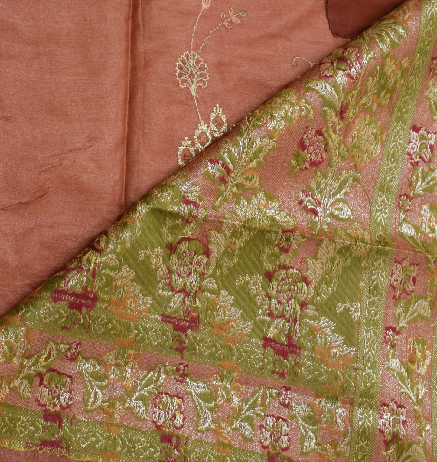Sushila Vintage Brown Saree Pure Tussra Silk Embroidered & Woven Floral Sari Fabric