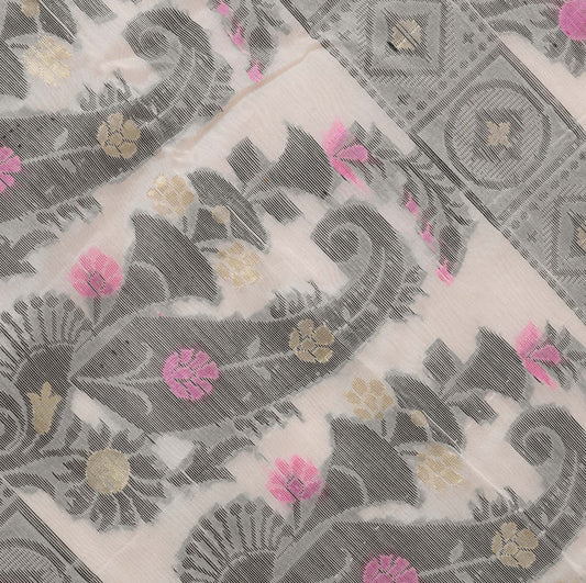 Sushila Vintage Cream Saree Blend Silk Woven Paisley Sari Decor 5 Yard Fabric