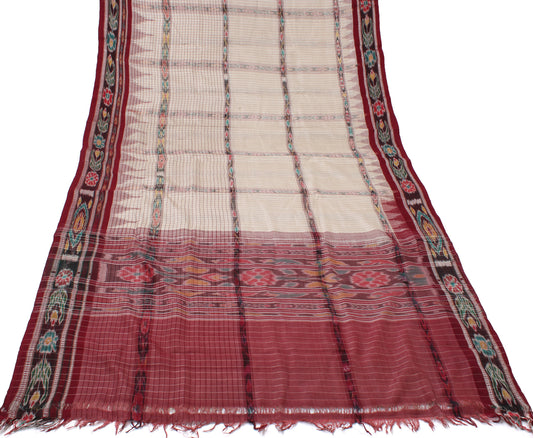 Sushila Vintage Cream Sari Pure Cotton Hand Woven Ikat Patola Sari Craft Fabric
