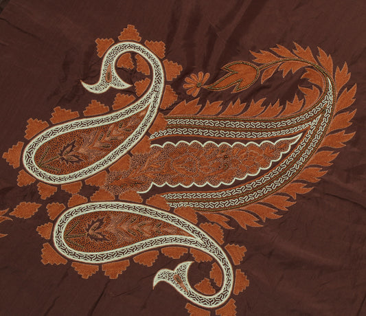 Sushila Vintage Brown Saree 100% Pure Silk Embroidered Paisley Sari Decor Fabric