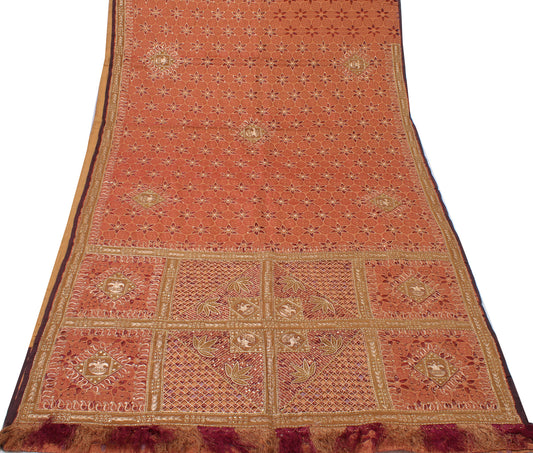 Sushila Vintage Peach HEAVY Saree Pure Silk Zari Embroidered Floral Sari Fabric