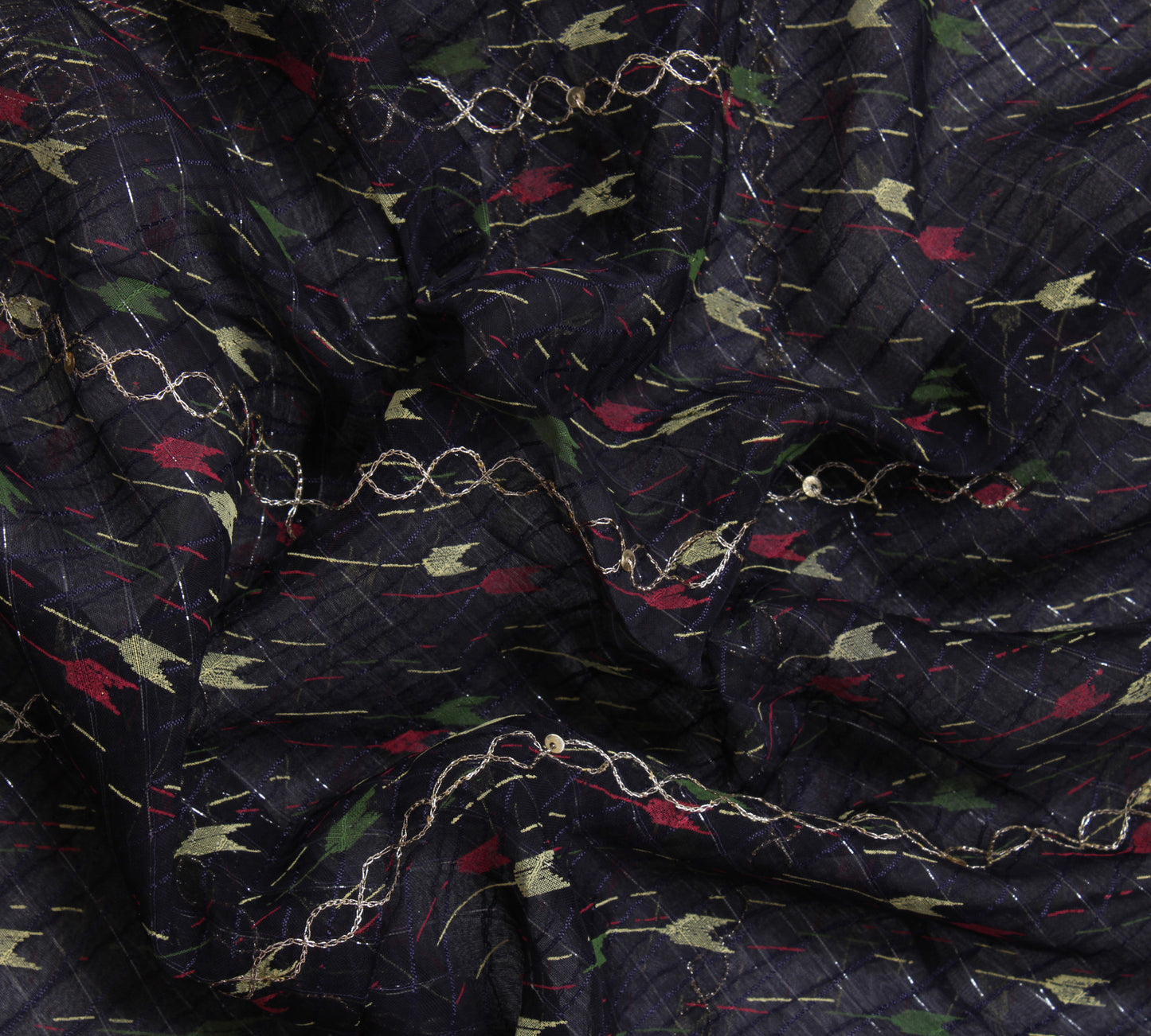 Sushila Vintage Blue Indian Sari Blend Silk Printed Aari Work Sari 5 Yard Fabric
