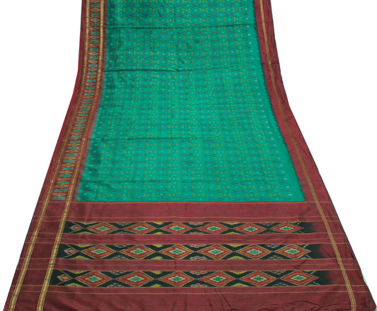 Sushila Vintage Teal Green Saree Pure Silk Hand Woven Ikat Patola Sari Fabric