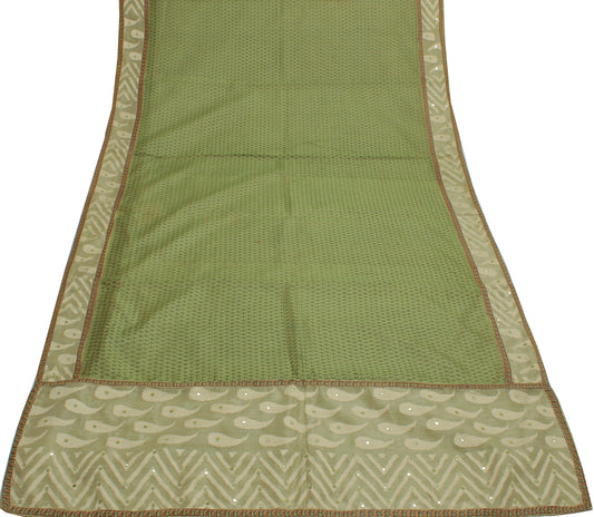 Sushila Vintage Green Saree Pure Cotton Silk Printed Paisley Sari Craft Fabric