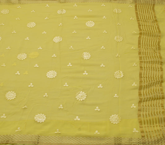 Sushila Vintage Lemon Saree Pure Chiffon Silk Embroidered Floral Sari Fabric