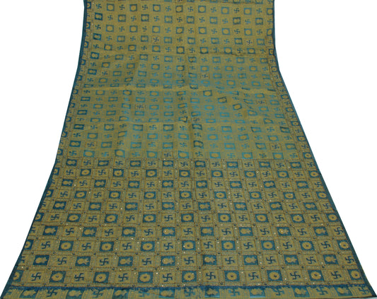 Sushila Vintage Teal Blue Saree Pure Organza Silk Woven Sari Decor Craft Fabric