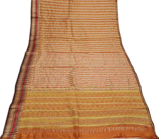 Sushila Vintage Cream Indian Saree Pure Silk Printed & Woven Floral Sari Fabric