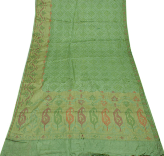 Sushila Vintage Green Saree Pure Tussar Silk Woven Abstract Sari 5 Yard Craft Fabric