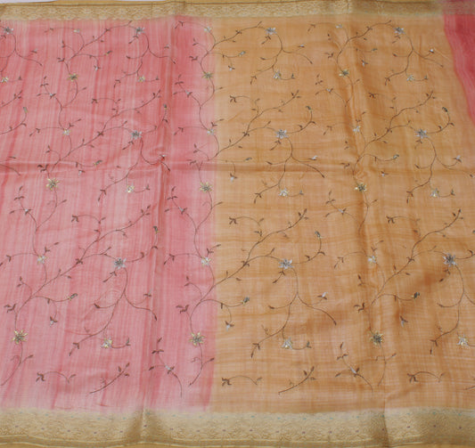 Sushila Vintage Peach Saree Pure Tussar Silk Embroidered Floral Sari 6 Yd Fabric