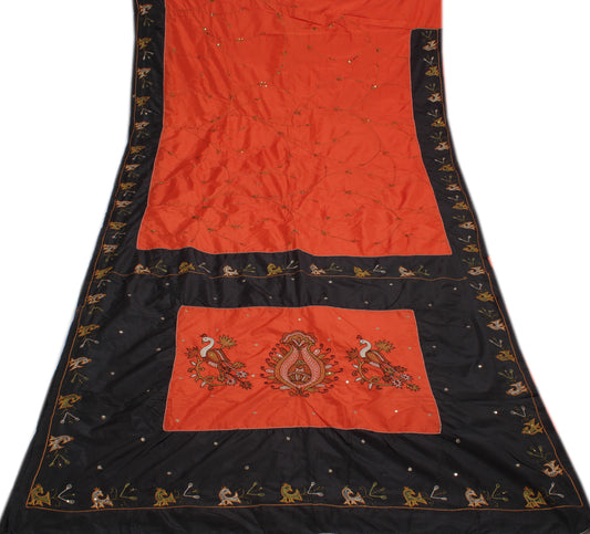 Sushila Vintage Orange Black Saree Art Silk Embroidered Patch Work Sari Craft Fabric
