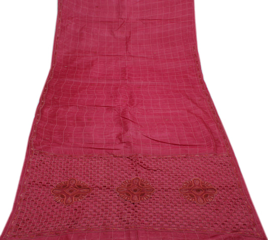 Sushila Vintage Dark Pink Saree Pure Silk Embroidered Check Sari Decor Fabric