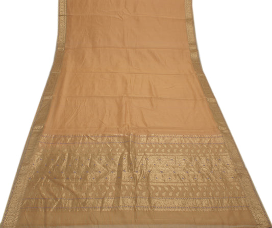 Sushila Vintage Beige Indian Saree 100% Pure Silk Woven Floral Sari 5 YD Fabric