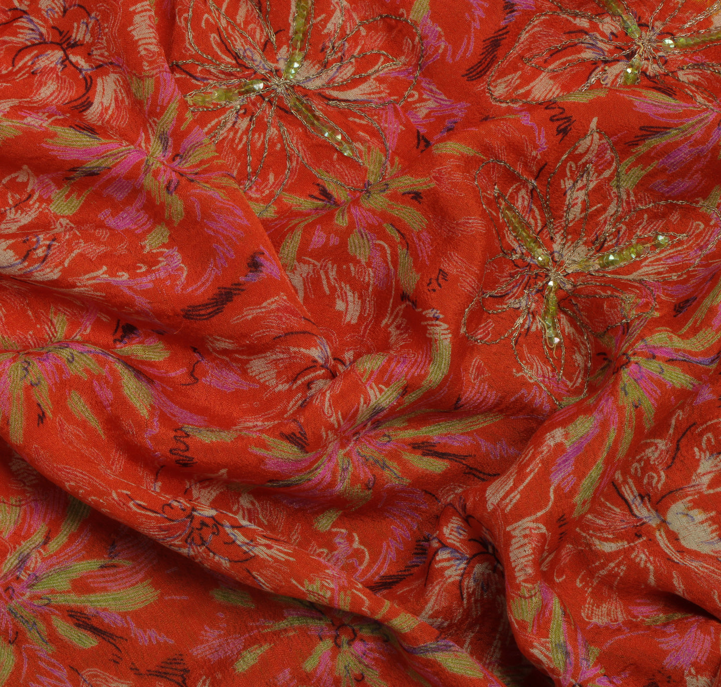 Sushila Vintage Orange Saree 100% Pure Silk Printed Floral Embroidered Fabric