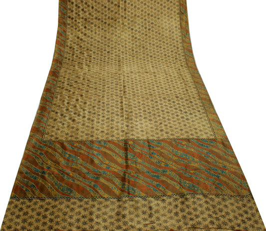 Sushila Vintage Light Brown Saree Pure Silk Hand Embroidered Kantha Sari Fabric