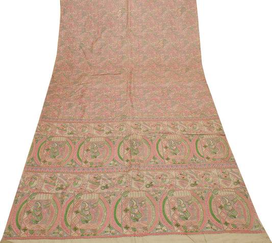 Sushila Vintage Cream Saree 100% Pure Silk Printed Sari Craft 6 Yard Fabric