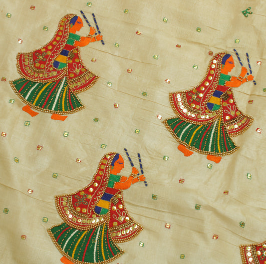 Sushila Vintage Cream Saree 100% Pure Silk Hand Beaded Human Sari Craft Fabric