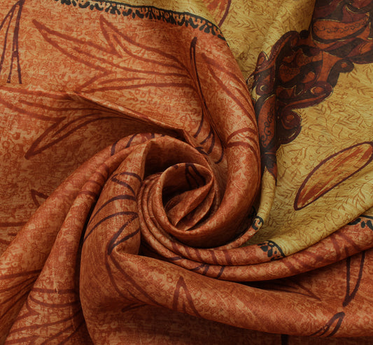Sushila Vintage Brown Saree 100% Pure Silk Printed Floral Sari Craft Fabric
