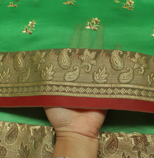 Sushila Vintage Green Saree Blend Silk Woven Embroidered Floral Sari Fabric