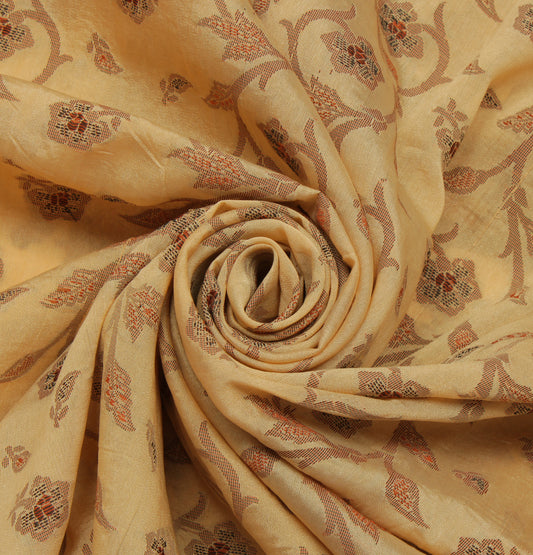 Sushila Vintage Cream Indian Saree Blend Silk Woven Floral Sari Craft Fabric