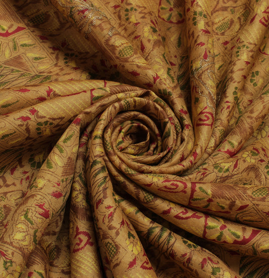 Sushila Vintage Light Brown Saree 100% Pure Silk Printed Abstract Sari Fabric
