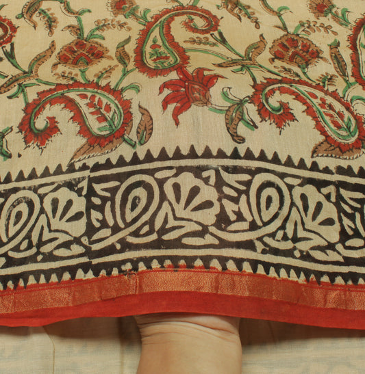 Sushila Vintage Cream Saree Pure Cotton Hand Block Print Paisley 5YD Sari Fabric