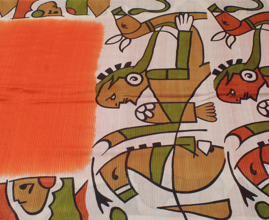 Sushila Vintage Orange Saree 100% Pure Silk Printed & Woven Sari Craft 6 Yard Fabric