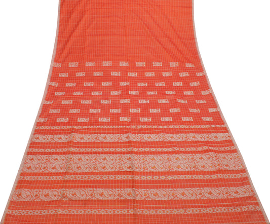 Sushila Vintage Orange Indian Saree 100% Pure Cotton Woven Floral Sari Fabric