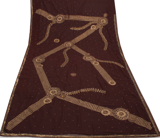 Sushila Vintage Brown Indian Saree Blend Georgette Hand Beaded Craft Sari Fabric