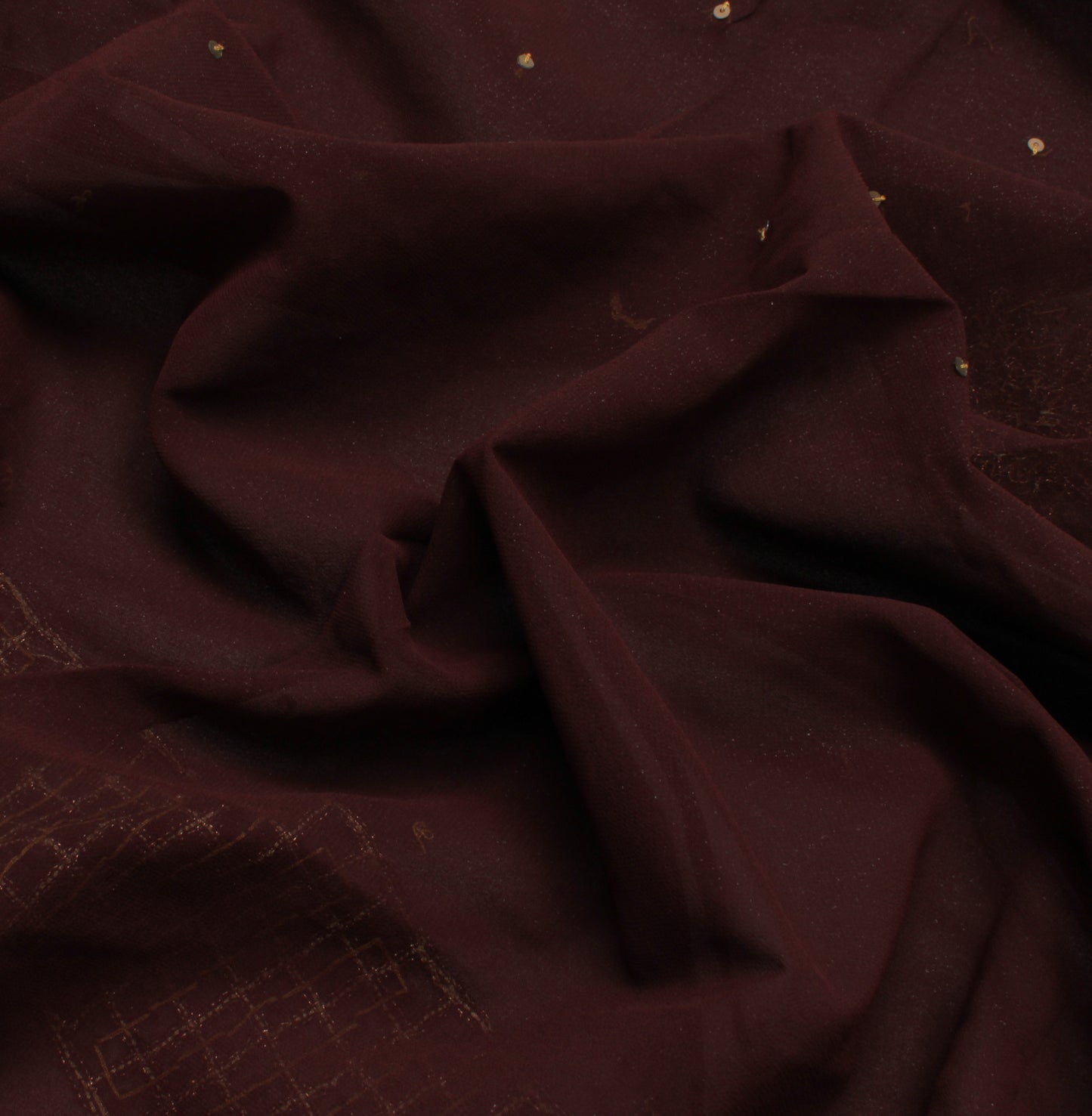 Sushila Vintage Brown Indian Saree Blend Georgette Hand Beaded Craft Sari Fabric