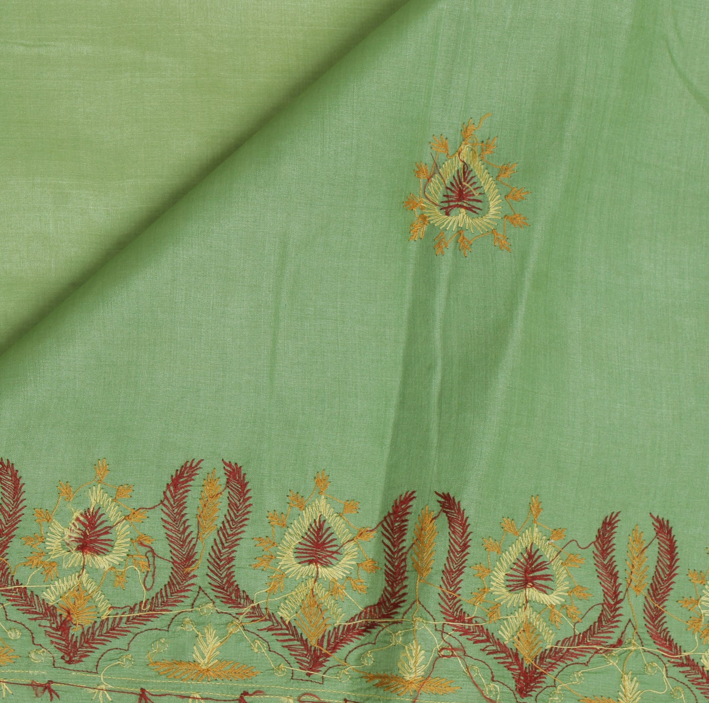 Sushila Vintage Green Saree Pure Silk Hand Embroidered Floral Sari Craft Fabric