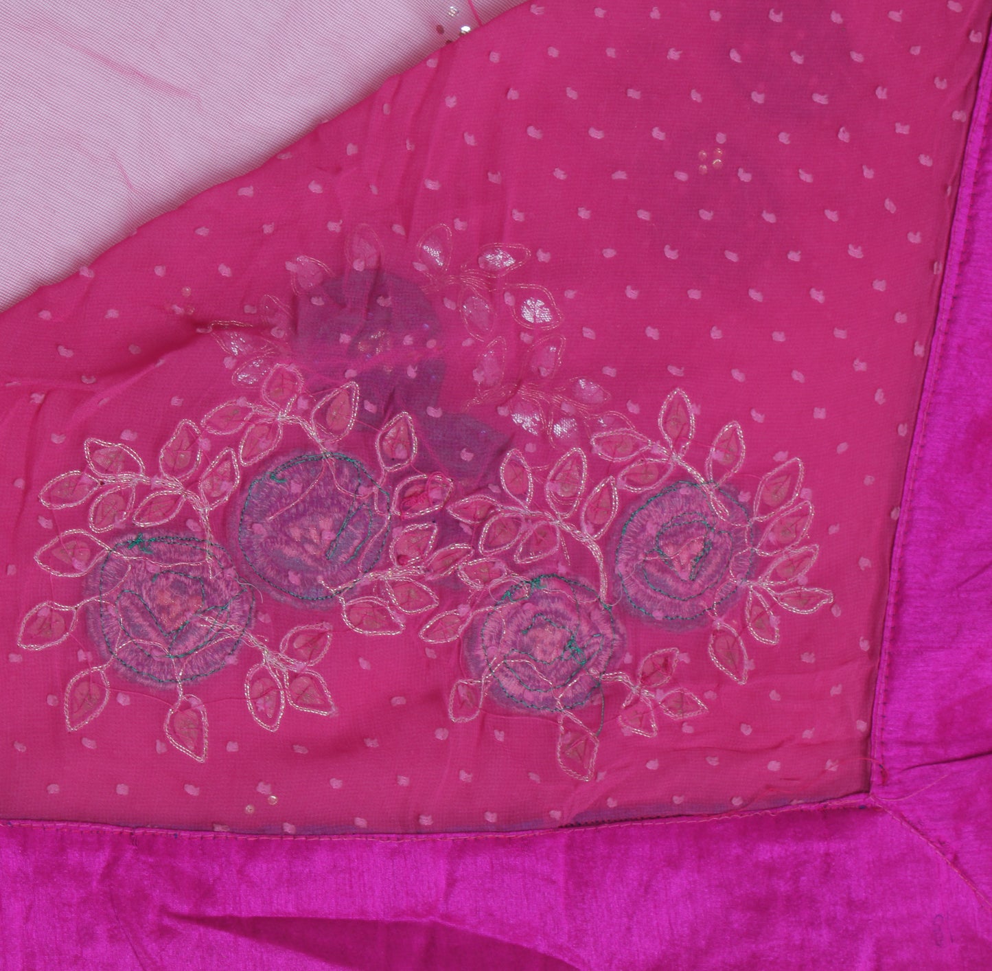 Sushila Vintage HEAVY Pink Saree Pure Georgette Silk Embroidered with Velvet Border Floral Designer Sari Craft Fabric